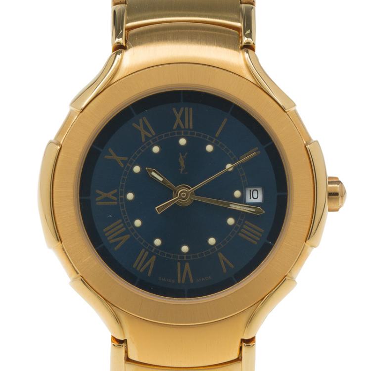 Pre Owned Saint Laurent Paris Blue Gold-Plated Stainless Steel Classic Women's Wristwatch 28MM