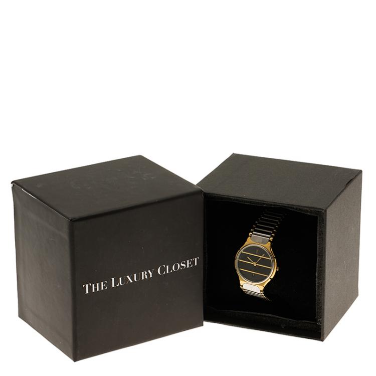 Pre Owned Saint Laurent Paris Black and Grey Gold-Plated Stainless Steel Classic Women's Wristwatch 30MM