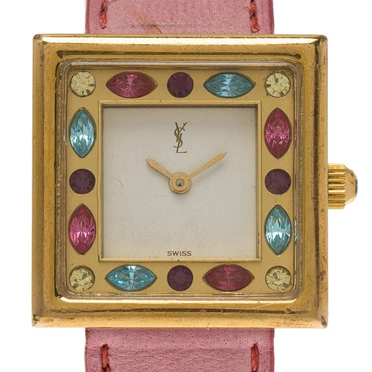 Pre Owned Saint Laurent Paris White Gold-Plated Stainless Steel Classic Women's Wristwatch 25MM