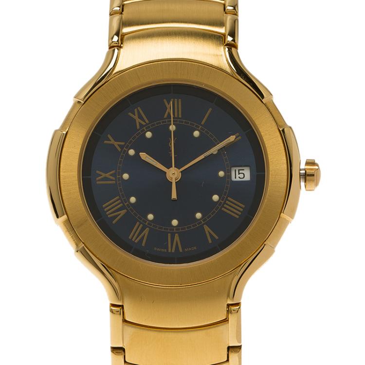 Pre Owned Saint Laurent Paris Blue Gold-Plated Stainless Steel Classic Unisex Wristwatch 36MM