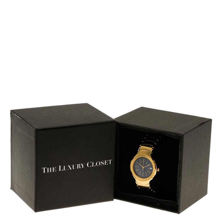 Pre Owned Saint Laurent Paris Blue Gold-Plated Stainless Steel Classic Unisex Wristwatch 36MM