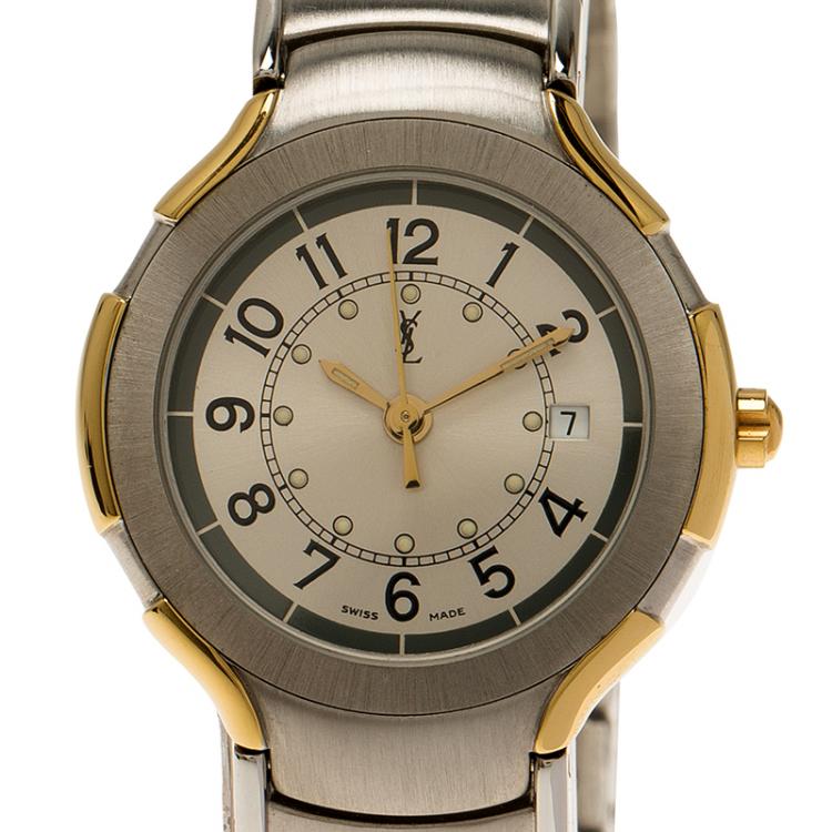 Pre Owned Saint Laurent Paris Silver Gold-Plated Stainless Steel Classic Women's Wristwatch 28MM