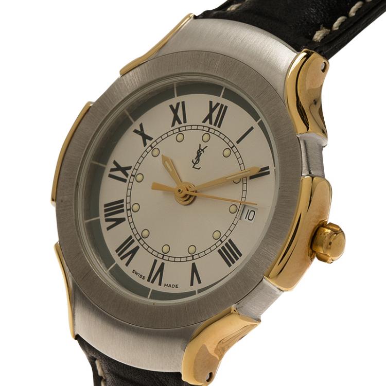 Pre Owned Saint Laurent Paris Silver Gold-Plated Stainless Steel Classic Women's Wristwatch 28MM