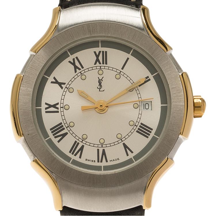 Pre Owned Saint Laurent Paris Silver Gold-Plated Stainless Steel Classic Women's Wristwatch 28MM