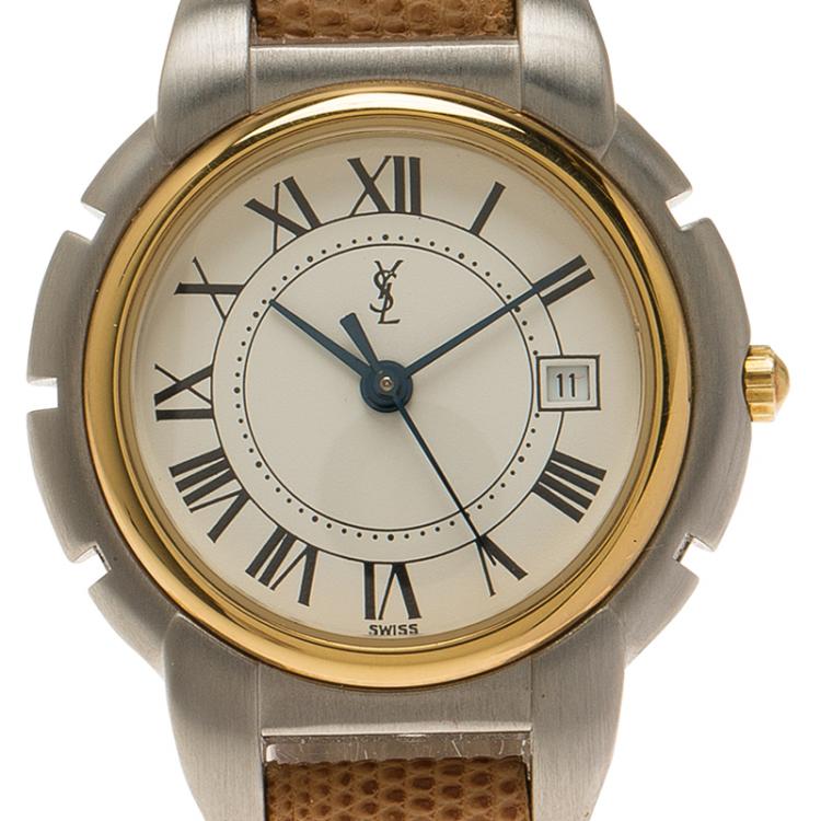 Pre Owned Saint Laurent Paris White Gold-Plated Stainless Steel Classic Women's Wristwatch 28MM