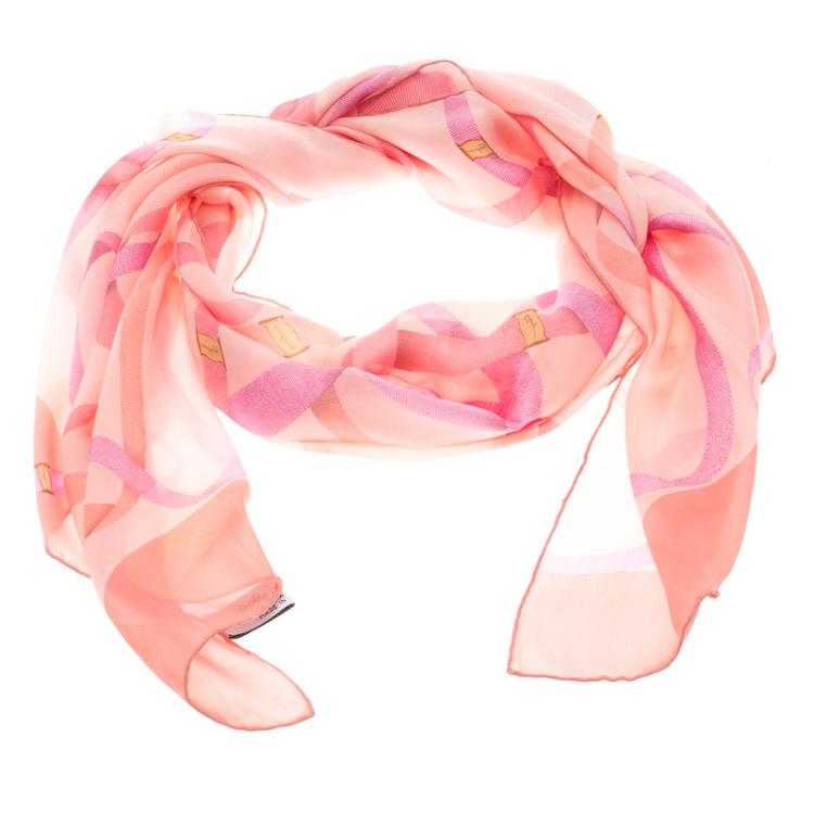 Pre Owned Salvatore Ferragamo Coral Pink Printed Silk Scarf