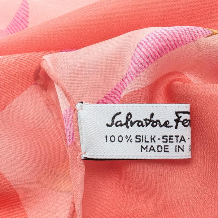Pre Owned Salvatore Ferragamo Coral Pink Printed Silk Scarf