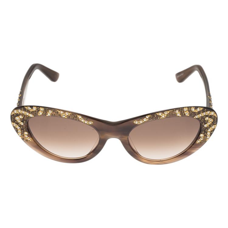 Pre Owned Salvatore Ferragamo Brown Crystal Embellished Cat Eye Sunglasses