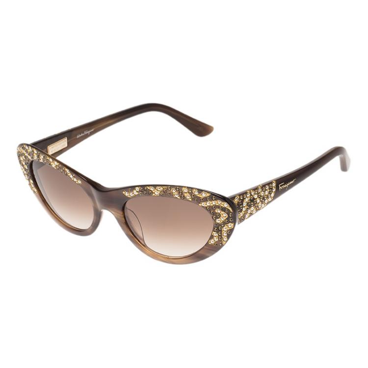 Pre Owned Salvatore Ferragamo Brown Crystal Embellished Cat Eye Sunglasses