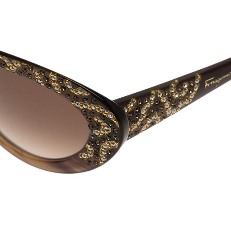 Pre Owned Salvatore Ferragamo Brown Crystal Embellished Cat Eye Sunglasses