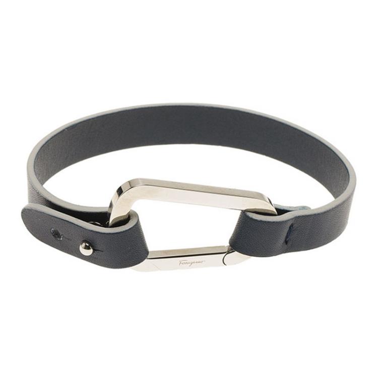 Pre Owned Salvatore Ferragamo Navy Blue Leather Silver Tone Bracelet