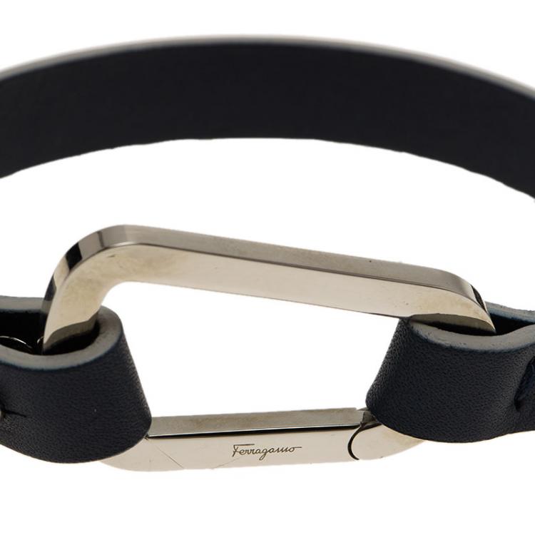 Pre Owned Salvatore Ferragamo Navy Blue Leather Silver Tone Bracelet