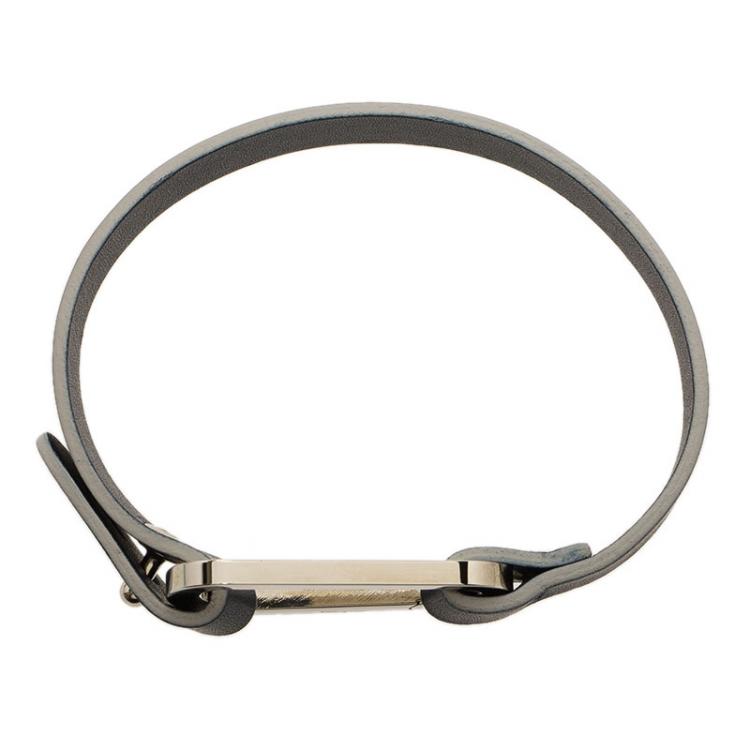 Pre Owned Salvatore Ferragamo Navy Blue Leather Silver Tone Bracelet