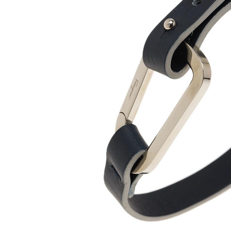 Pre Owned Salvatore Ferragamo Navy Blue Leather Silver Tone Bracelet