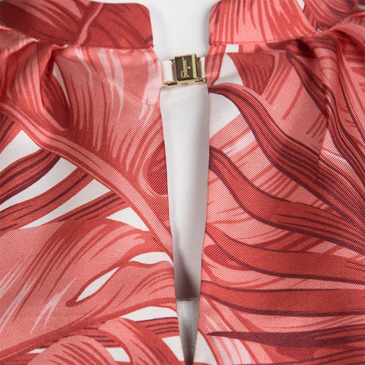 Pre Owned Salvatore Ferragamo Red Leaf Printed Silk Long Sleeve Blouse S