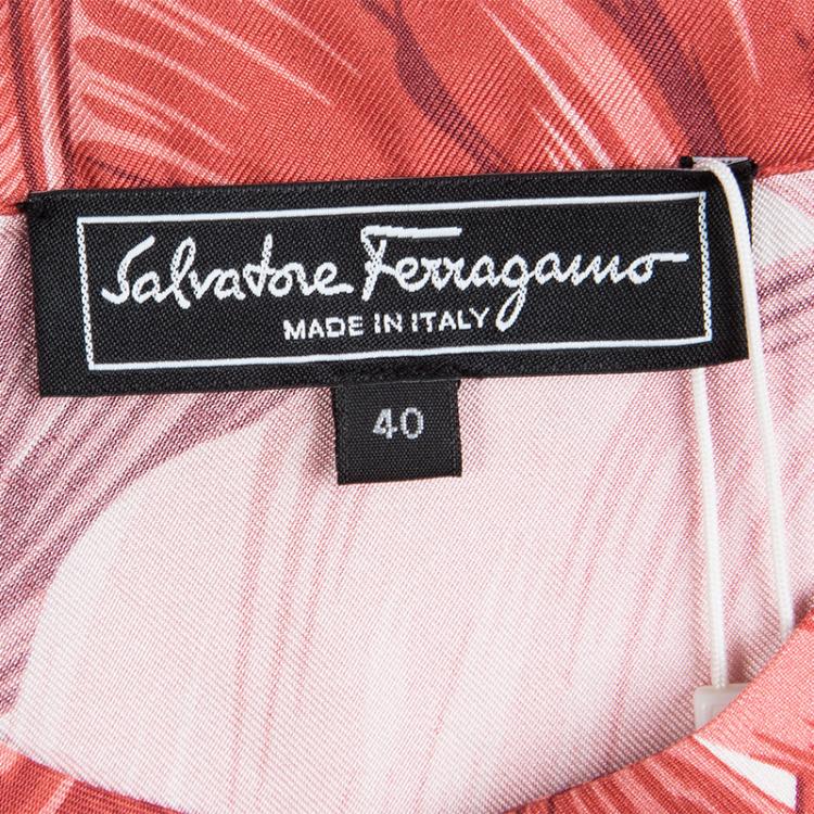 Pre Owned Salvatore Ferragamo Red Leaf Printed Silk Long Sleeve Blouse S