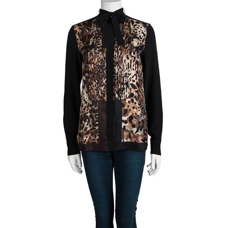 Pre Owned Salvatore Ferragamo Camouflage Printed Silk Pintuck Detail Blouse S