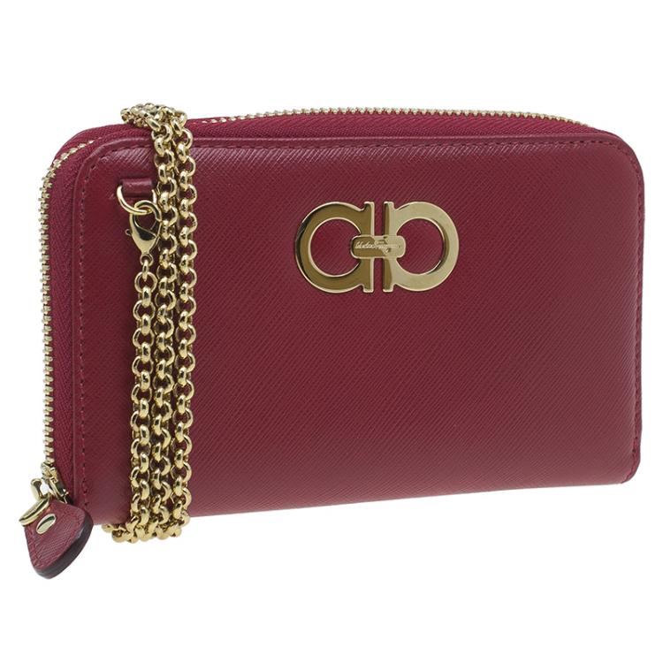 Pre Owned Salvatore Ferragamo Red Leather Double Gancio Zip-Around Wallet on Chain 