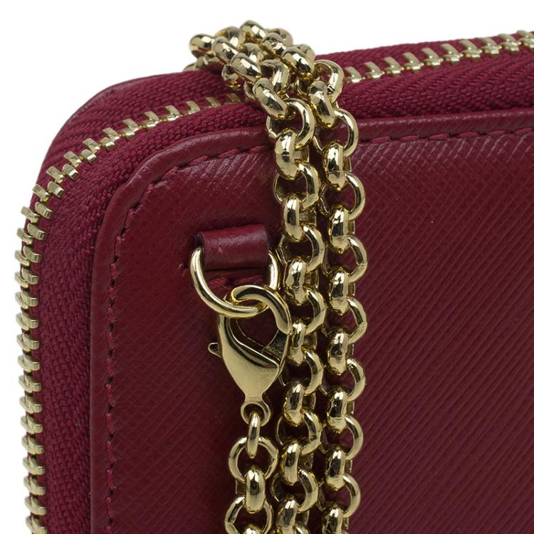 Pre Owned Salvatore Ferragamo Red Leather Double Gancio Zip-Around Wallet on Chain 