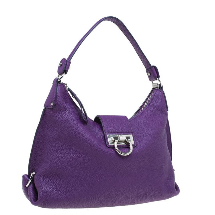 Pre Owned Salvatore Ferragamo Purple Pebbled Calf Leather Fanisa Hobo