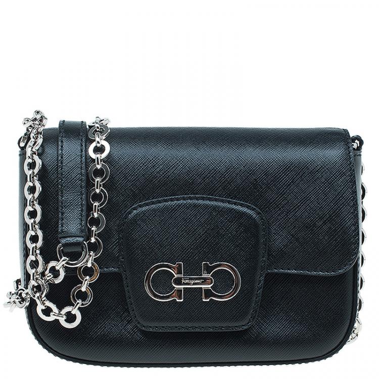 Pre Owned Salvatore Ferragamo Black Saffiano Leather Paris Crossbody Bag