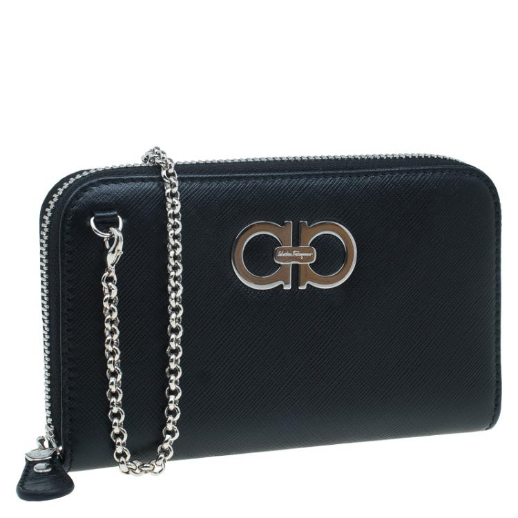 Pre Owned Salvatore Ferragamo Black Leather Double Gancio Zip-Around Wallet on Chain
