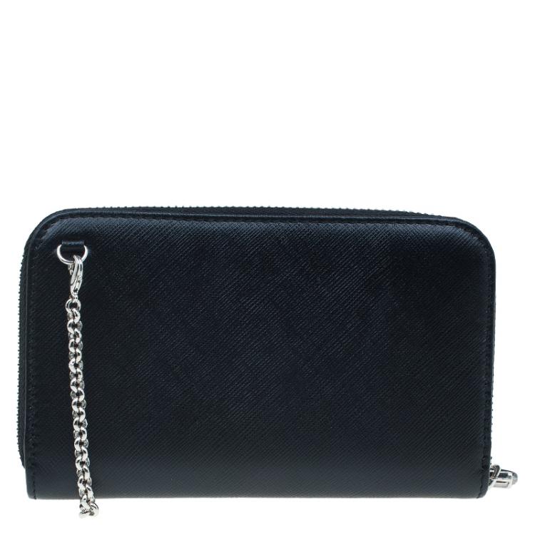 Pre Owned Salvatore Ferragamo Black Leather Double Gancio Zip-Around Wallet on Chain