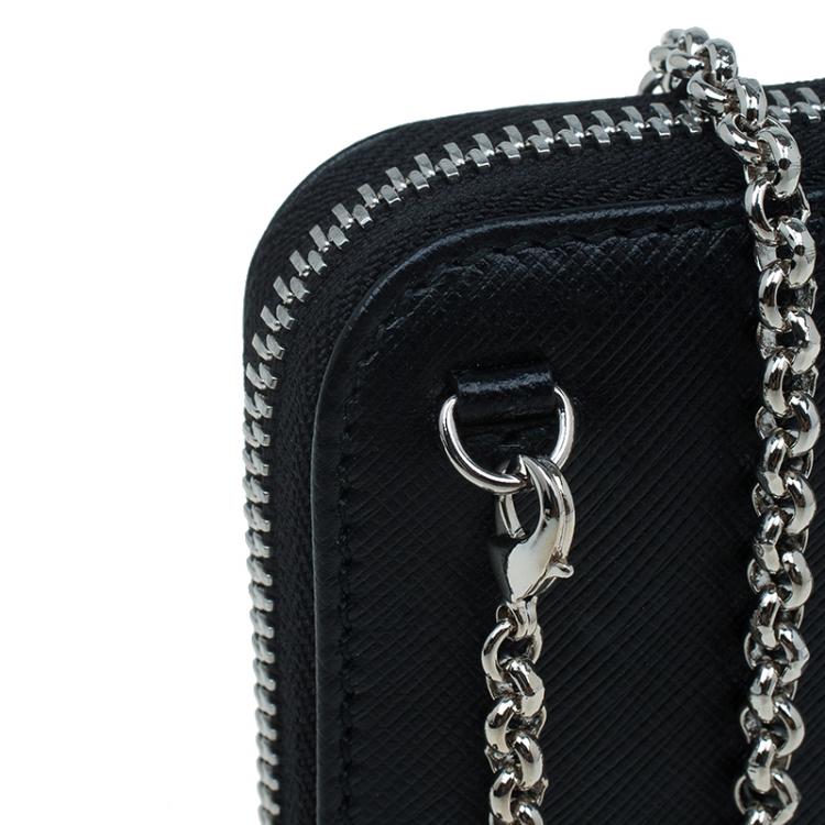 Pre Owned Salvatore Ferragamo Black Leather Double Gancio Zip-Around Wallet on Chain