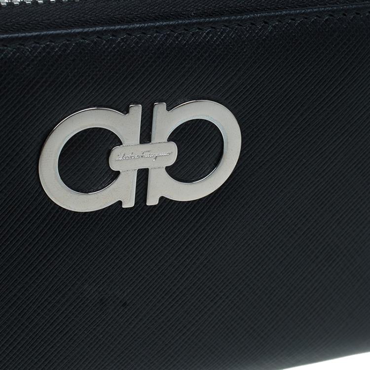 Pre Owned Salvatore Ferragamo Black Leather Double Gancio Zip-Around Wallet on Chain