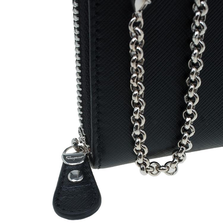 Pre Owned Salvatore Ferragamo Black Leather Double Gancio Zip-Around Wallet on Chain