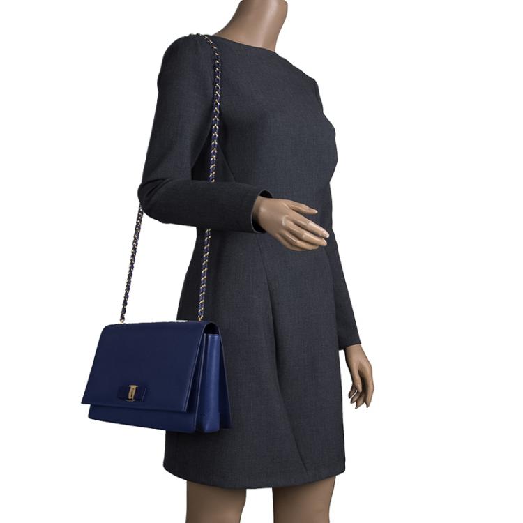 Pre Owned Salvatore Ferragamo Blue Saffiano Leather Vara Shoulder Bag