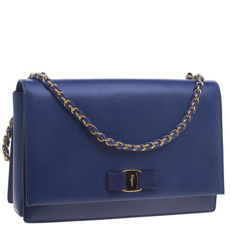 Pre Owned Salvatore Ferragamo Blue Saffiano Leather Vara Shoulder Bag