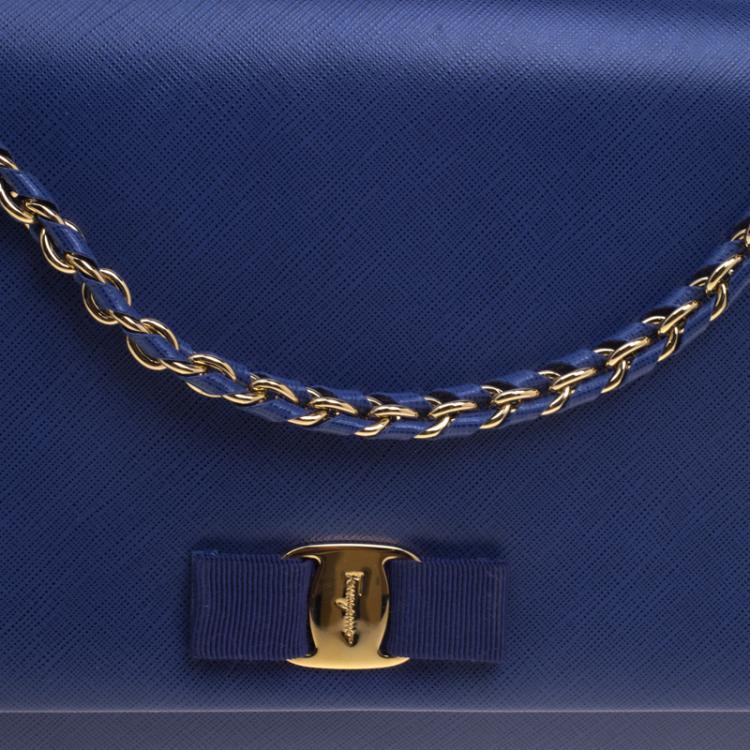 Pre Owned Salvatore Ferragamo Blue Saffiano Leather Vara Shoulder Bag