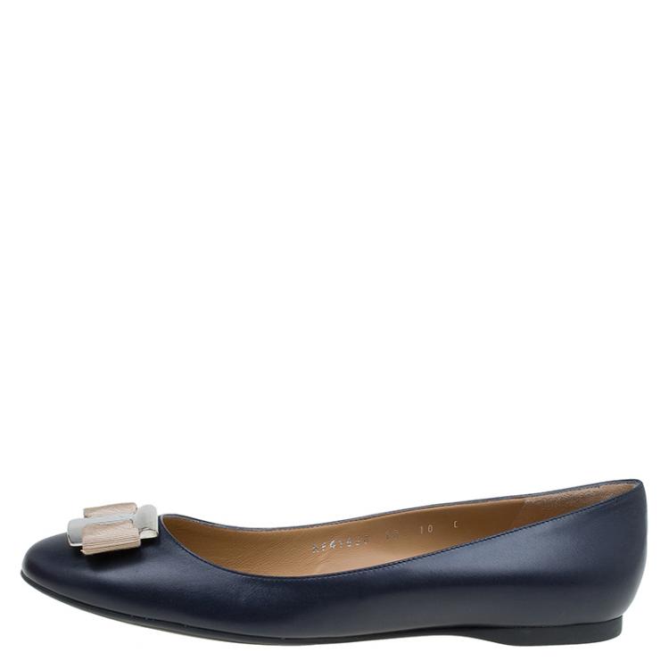 Pre Owned Salvatore Ferragamo Blue Leather Ninna Kangaroo Bow Ballet Flats Size 40.5