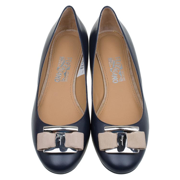 Pre Owned Salvatore Ferragamo Blue Leather Ninna Kangaroo Bow Ballet Flats Size 40.5