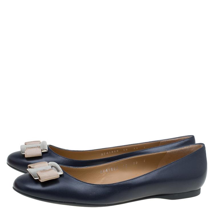 Pre Owned Salvatore Ferragamo Blue Leather Ninna Kangaroo Bow Ballet Flats Size 40.5