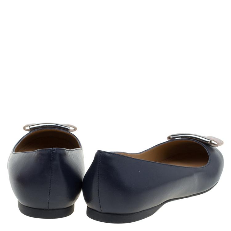 Pre Owned Salvatore Ferragamo Blue Leather Ninna Kangaroo Bow Ballet Flats Size 40.5