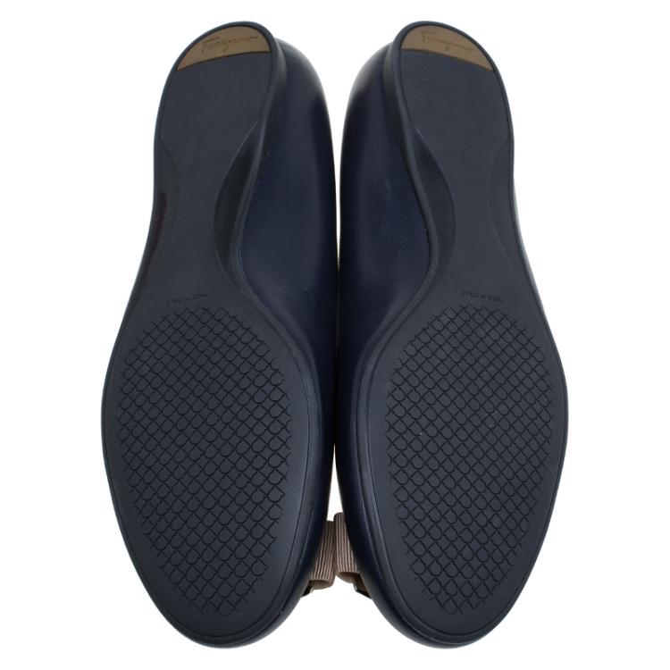Pre Owned Salvatore Ferragamo Blue Leather Ninna Kangaroo Bow Ballet Flats Size 40.5