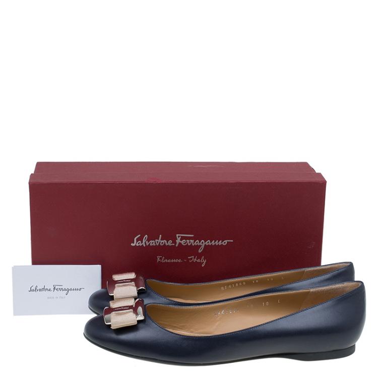 Pre Owned Salvatore Ferragamo Blue Leather Ninna Kangaroo Bow Ballet Flats Size 40.5