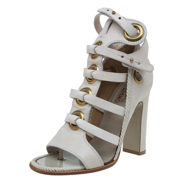 Pre Owned Salvatore Ferragamo Cream Leather Caged Sandals Size 38