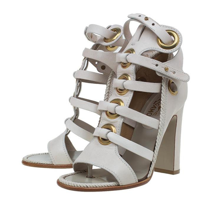 Pre Owned Salvatore Ferragamo Cream Leather Caged Sandals Size 38