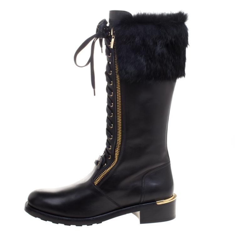Pre Owned Salvatore Ferragamo Black Leather And Fur Trim Lapo Tall Combat Boots Size 40