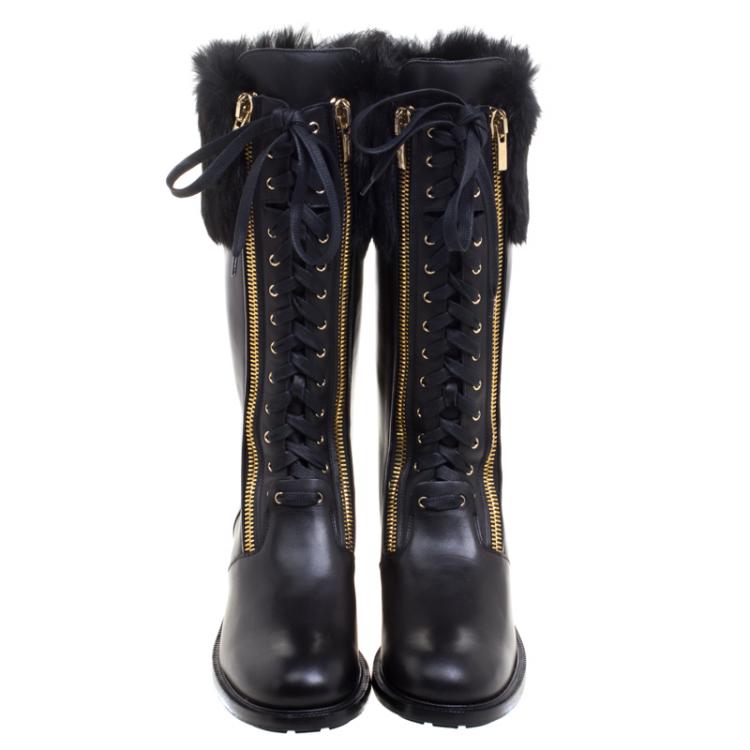 Pre Owned Salvatore Ferragamo Black Leather And Fur Trim Lapo Tall Combat Boots Size 40