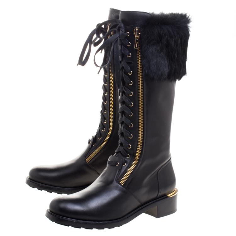 Pre Owned Salvatore Ferragamo Black Leather And Fur Trim Lapo Tall Combat Boots Size 40