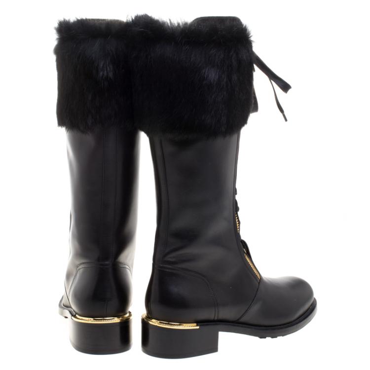 Pre Owned Salvatore Ferragamo Black Leather And Fur Trim Lapo Tall Combat Boots Size 40