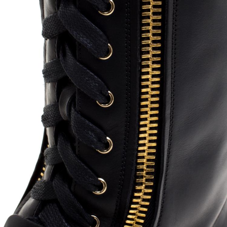 Pre Owned Salvatore Ferragamo Black Leather And Fur Trim Lapo Tall Combat Boots Size 40