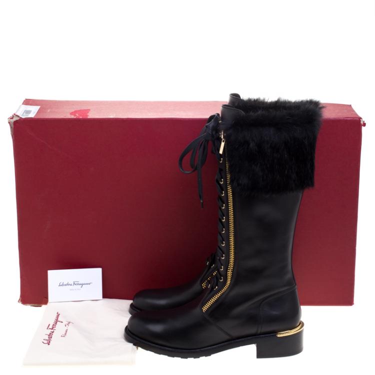 Pre Owned Salvatore Ferragamo Black Leather And Fur Trim Lapo Tall Combat Boots Size 40