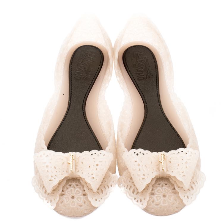 Pre Owned Salvatore Ferragamo Beige Nilly Jelly Bow Ballet Flats Size 40.5