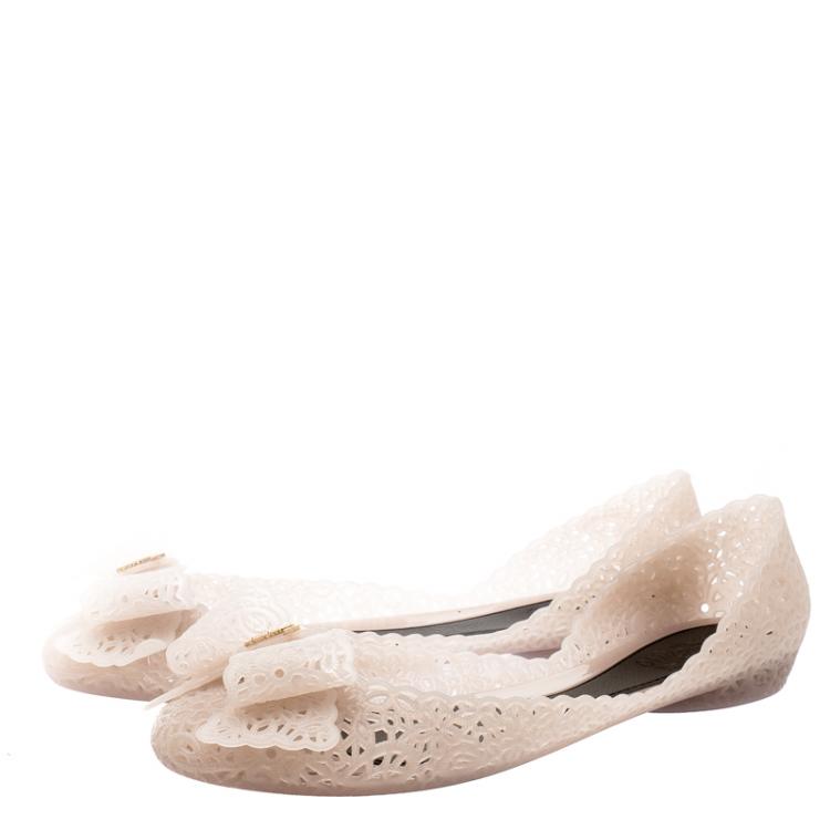 Pre Owned Salvatore Ferragamo Beige Nilly Jelly Bow Ballet Flats Size 40.5