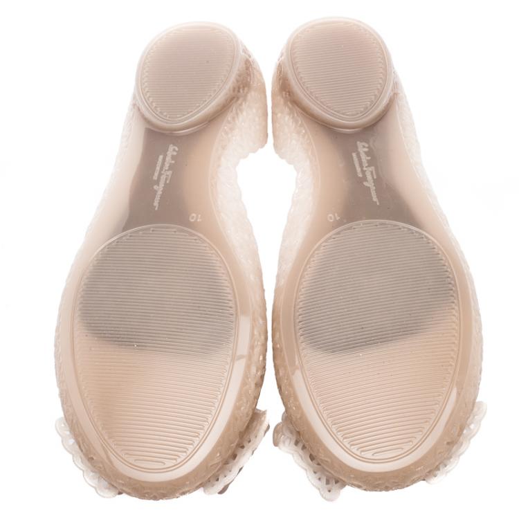 Pre Owned Salvatore Ferragamo Beige Nilly Jelly Bow Ballet Flats Size 40.5